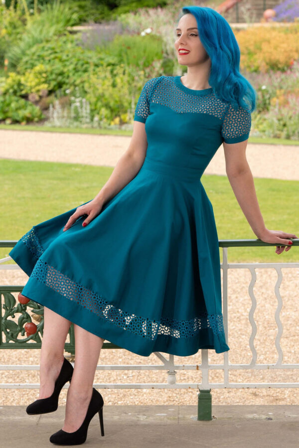 Tess Lace Sleeved Dress in Peacock Blue