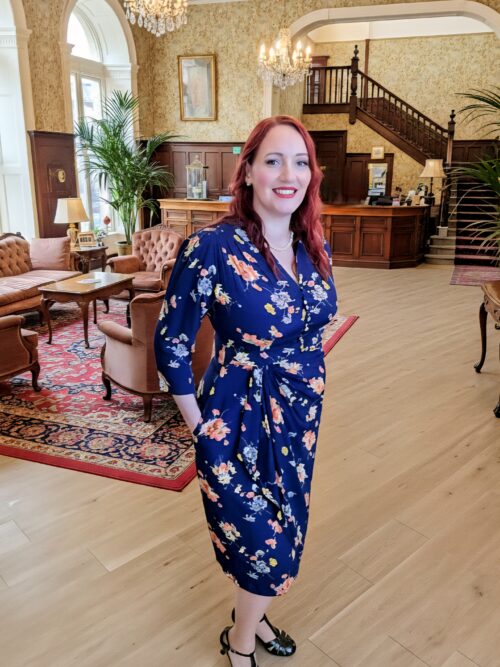 Mabel Dress in Navy Mayflower with 3 quarter sleeves