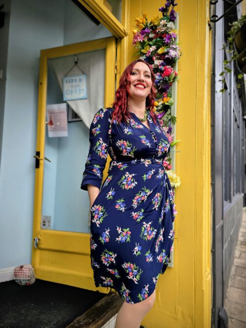 Mabel dress in navy floral dancer with 3 quarter sleeves