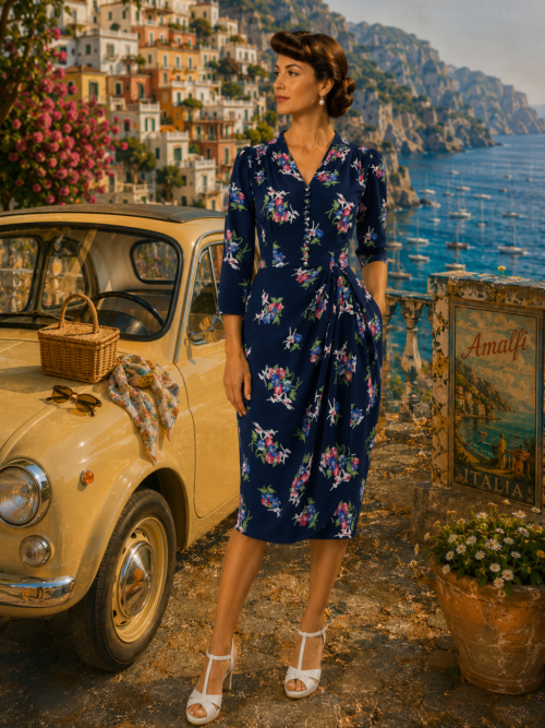 Mabel dress in navy floral dancer with 3 quarter sleeves