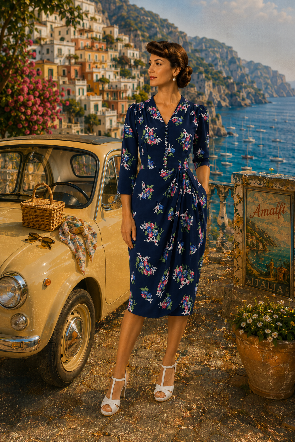 Mabel dress in navy floral dancer with 3 quarter sleeves