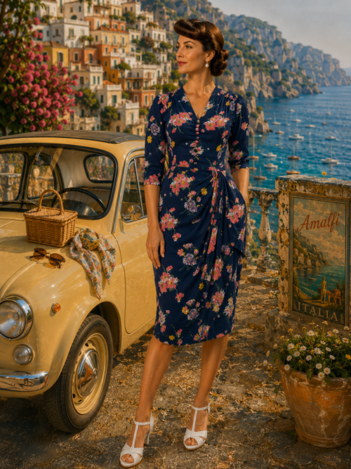 Mabel Dress in Navy Mayflower with 3 quarter sleeves