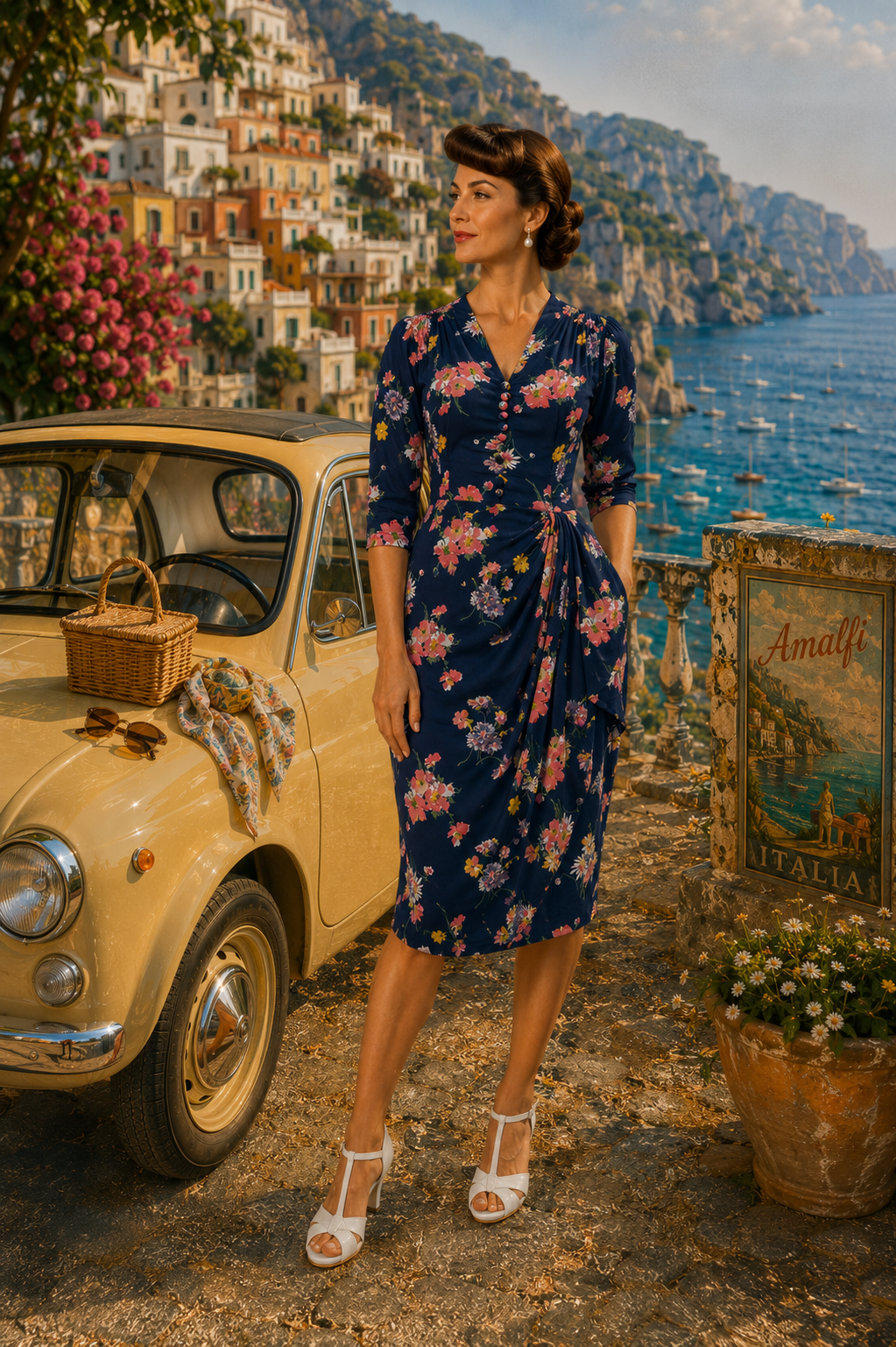 Mabel Dress in Navy Mayflower with 3 quarter sleeves