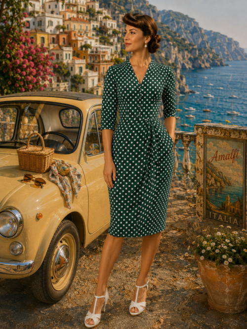 Mabel 3/4 Sleeved Dress in Green Polka Dot