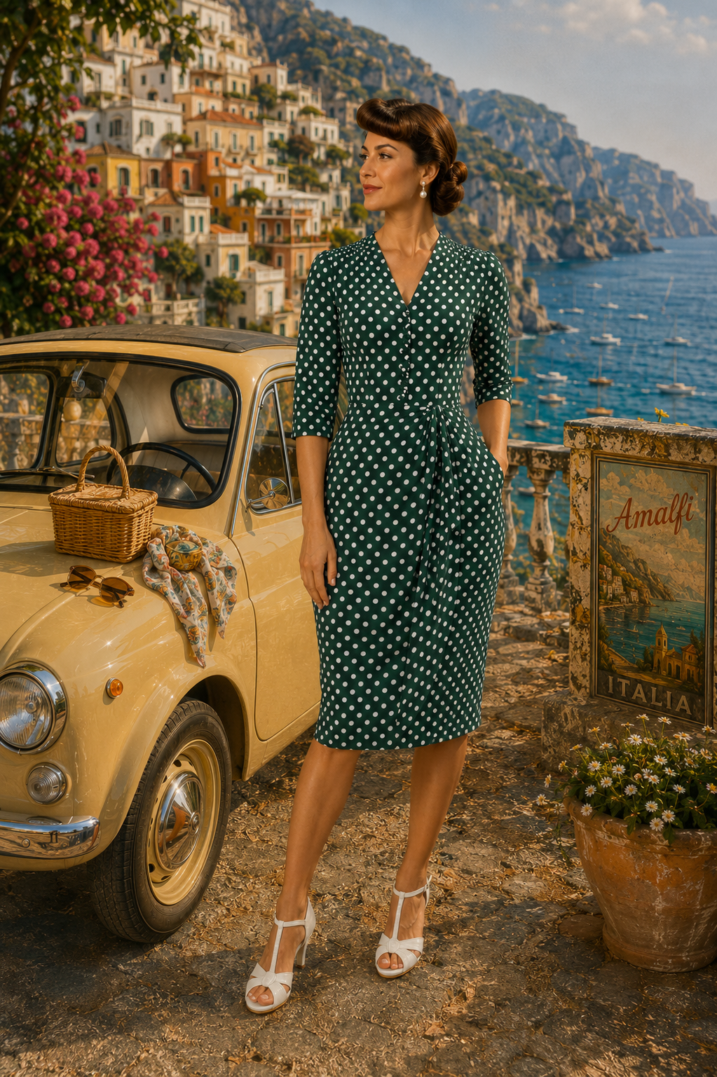 Mabel 3/4 Sleeved Dress in Green Polka Dot