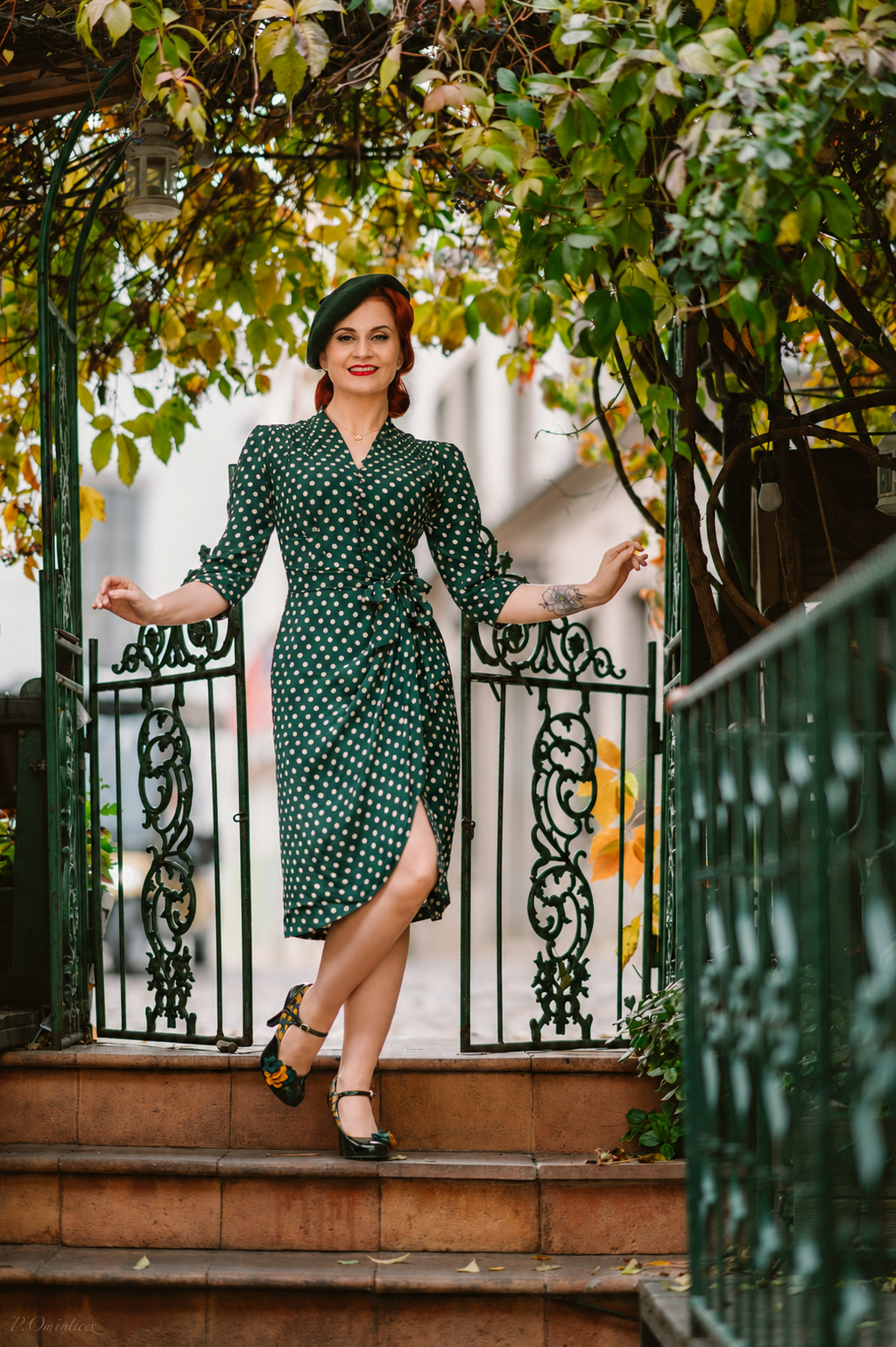Mabel 3/4 Sleeved Dress in Green Polka Dot - Image 2