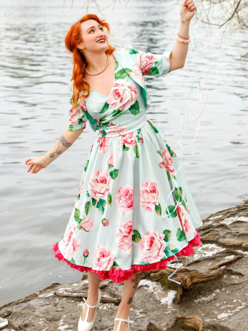 Lisette bolero jacket and May dress in Rose print