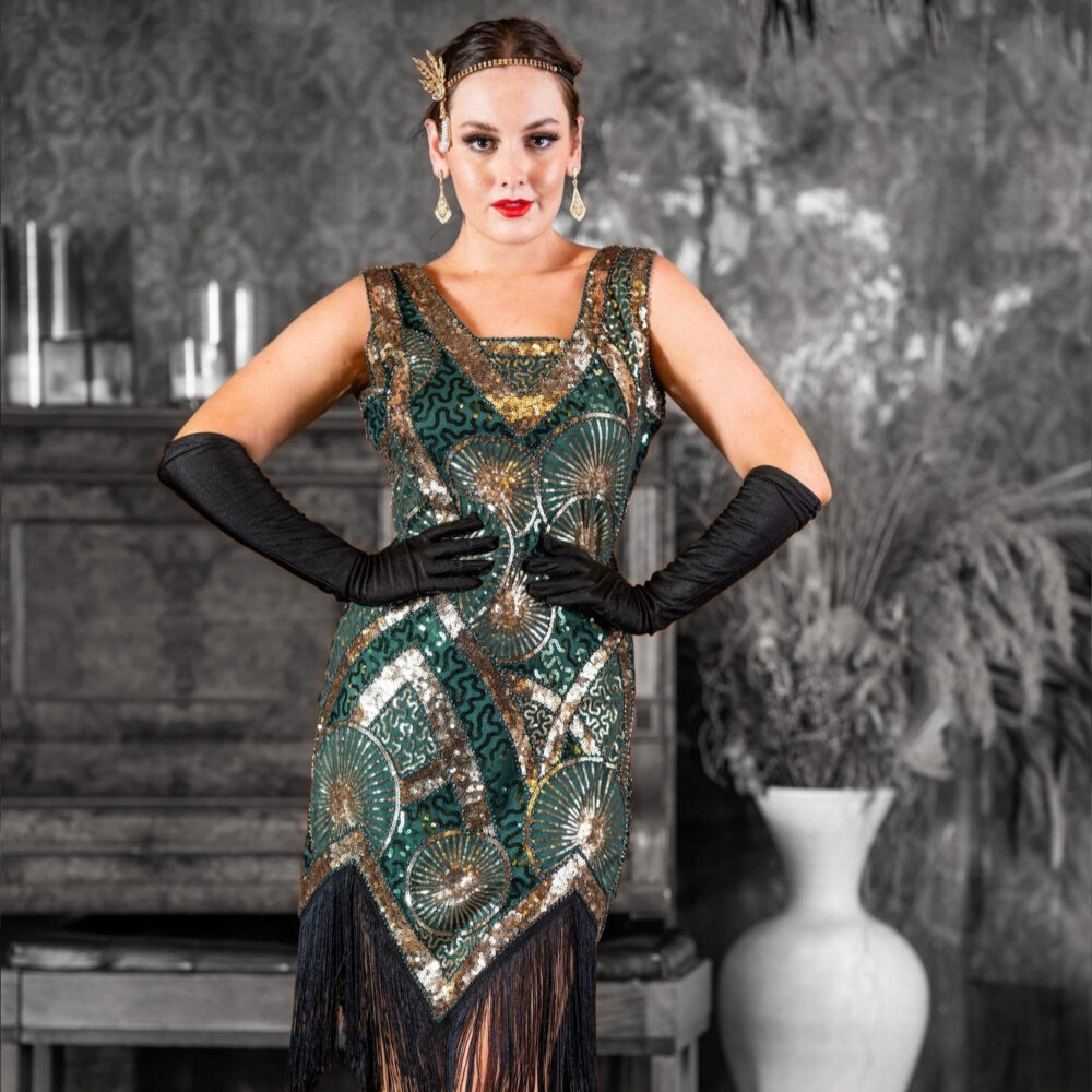 Helena 1920's Gatsby flapper dress in Green & Gold - Image 3
