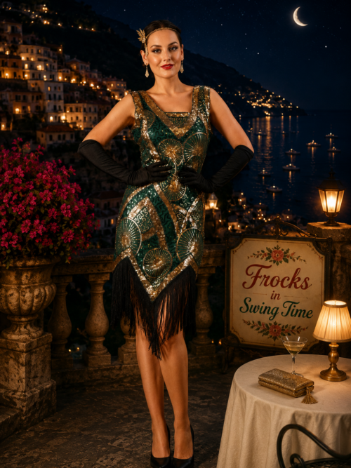 Helena 1920's Gatsby flapper dress in Green & Gold