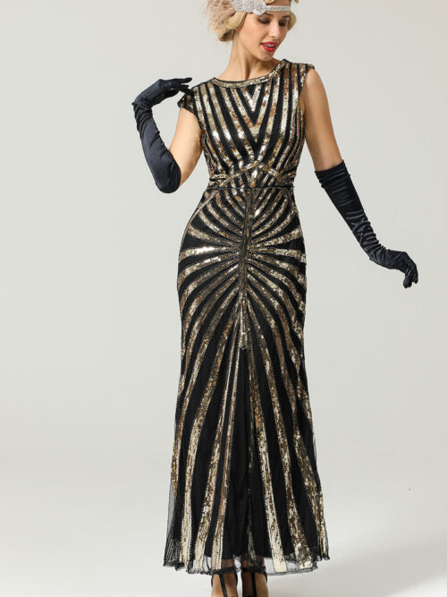 Zelda 1920's long Gatsby dress in Black & Gold