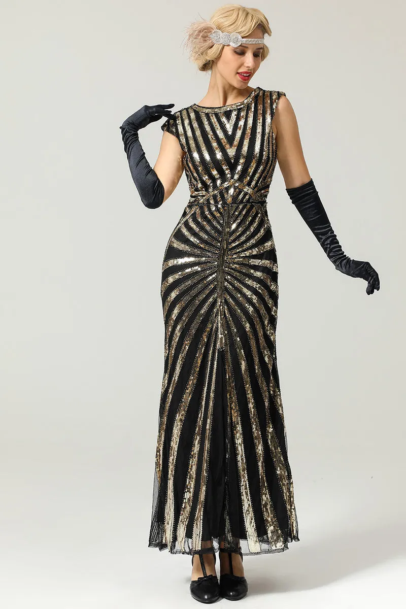 Zelda 1920's long Gatsby dress in Black & Gold - Image 4