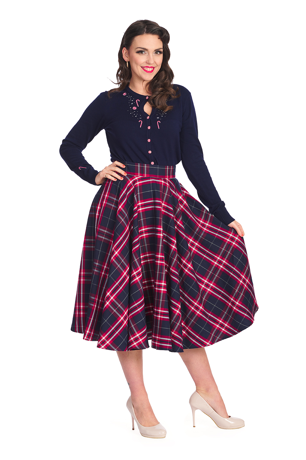 Navy chic check swing skirt