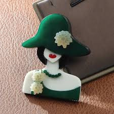Vintage Lady in Green Hat Brooch