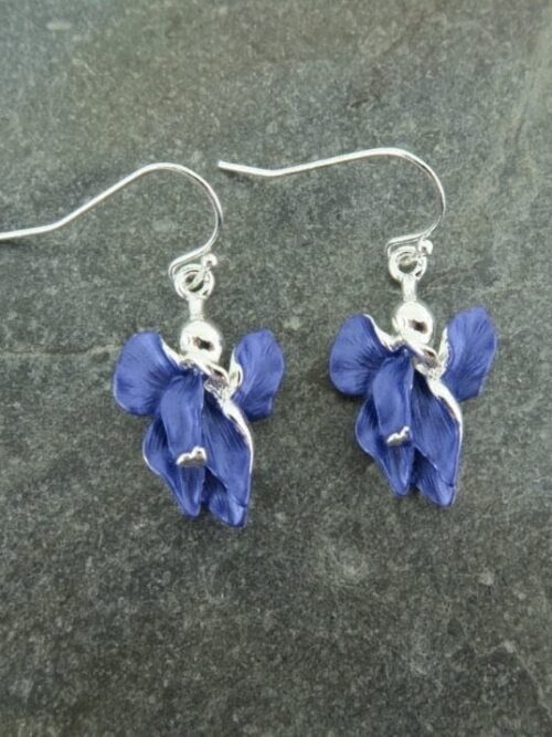 Iris Violet Blue Flower Drop Hook Earrings, Silver Tone by Alexander Thurlow