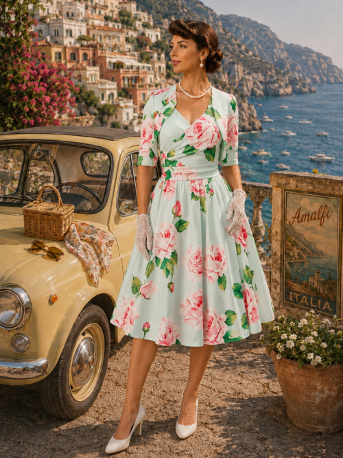Lisette bolero jacket and May dress in Rose print