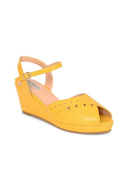 Sunny Daze Wedge 1940s-Inspired Cut-Out Peep Toe Mustard Sandals