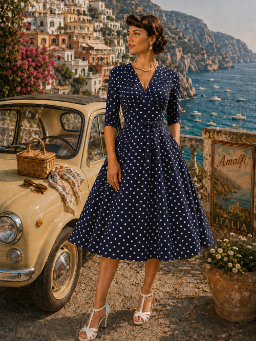 Bridget-Lee dress in navy polka dot by Miss Candyfloss