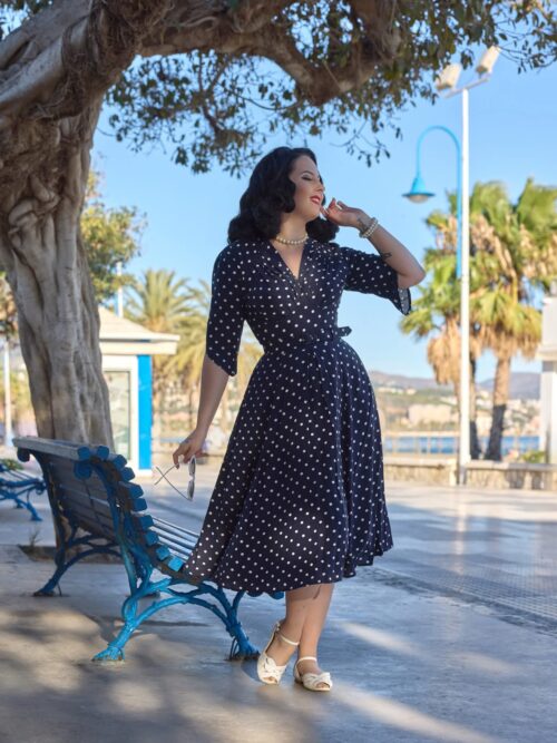 Bridget-Lee dress in navy polka dot by Miss Candyfloss