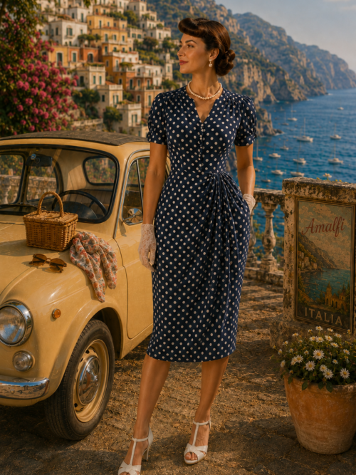 Mabel 1940's dress in Navy Polka Do