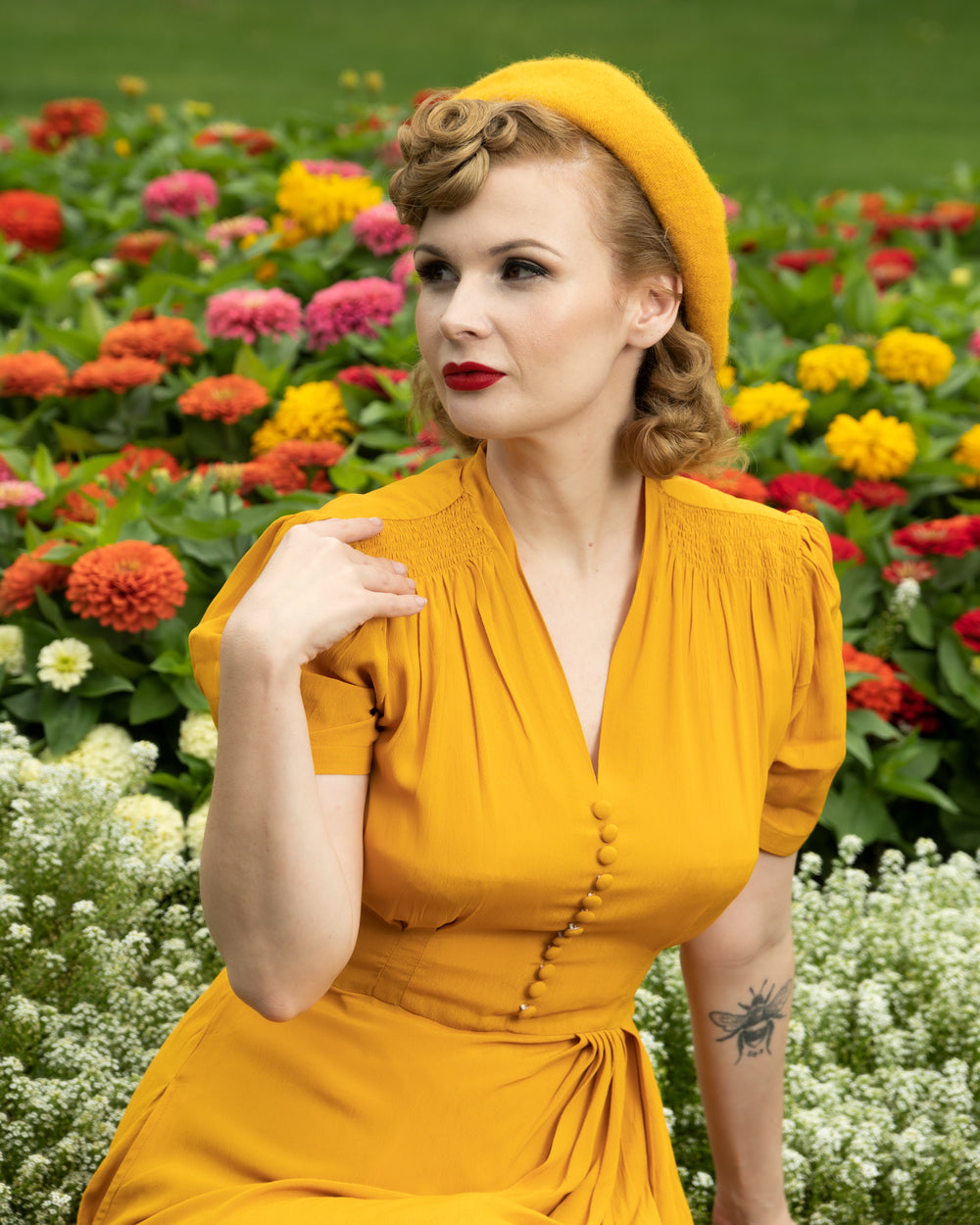 Mabel 1940's dress in Mustard - Image 2