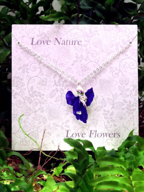 Alexander Thurlow Blue Iris Flower Necklace, Silver Plated