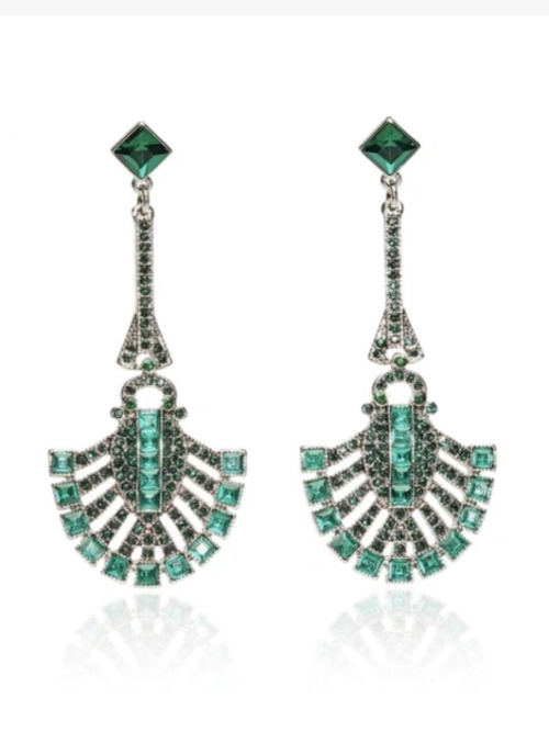 Gatsby style long drop Green Crystal earrings