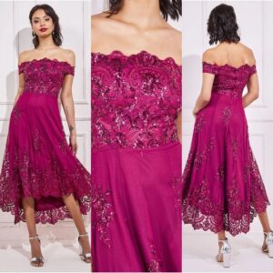 Magenta Bardot Lace dress